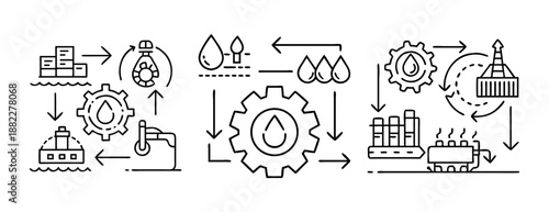 Petroleum industry process, refining, and global distribution infographic icons