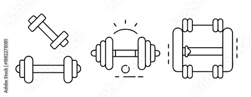 Fitness and gym equipment line art icon set, dumbbells, workout training symbols.