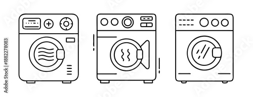 Washing machine line art icons set for laundry, cleaning, and home appliance design.