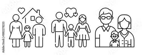 Diverse family outline icons with home and heart symbols showing love and unity