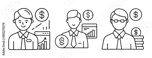 Line art icon set of business finance, investment, money growth concepts