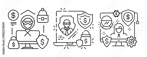 Cybersecurity and hacker icons set: financial data protection and online crime