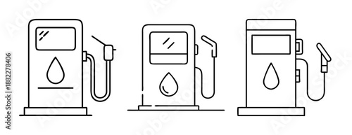 Gas pump and fuel dispenser line art icons collection, energy and transport design.