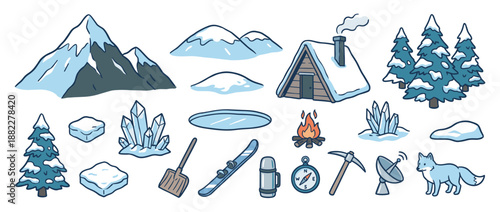 Collection of hand-drawn winter adventure icons including a snowy mountain, cabin, pine tree, campfire, and arctic fox in a charming cartoon doodle style for expedition themes