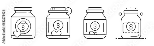 Healthcare fund and charity jars for donations line art vector icons.
