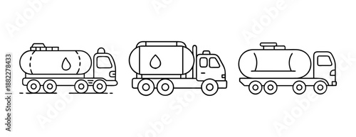 Line art tanker trucks collection with liquid drop symbols on tanks vector