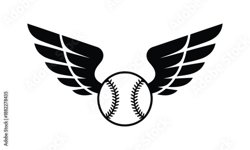 A black and white illustration of a baseball with wings, symbolizing freedom and sports