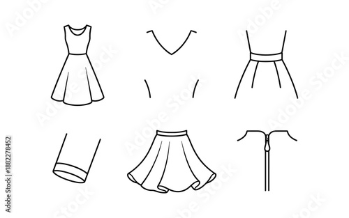 Collection of simple line art fashion design elements and clothing patterns