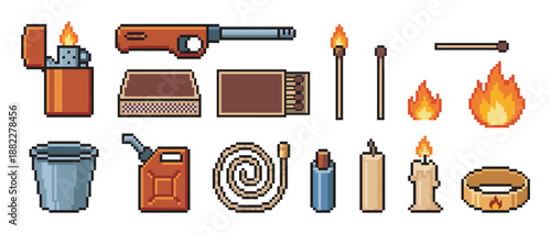 Pixel art icon set of fire-related objects including a lighter, matches, candle, and gas can, designed as retro 8-bit video game sprites for a survival or adventure theme