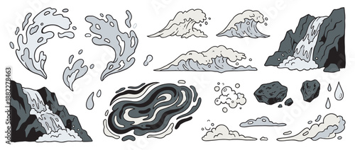 Collection of hand-drawn water and rock elements including ocean waves, waterfalls, splashes, and stones in a monochromatic cartoon style for nature design