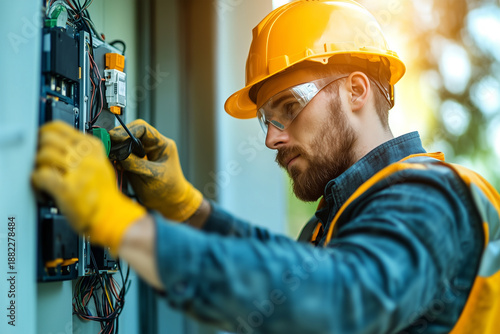 Skilled electrician working on electrical panel in bright sunlight
