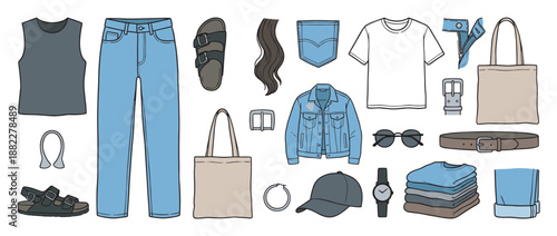 Hand-drawn collection of casual clothing items and accessories creating a basic wardrobe, including blue jeans, a denim jacket, t-shirts, sandals, and a tote bag