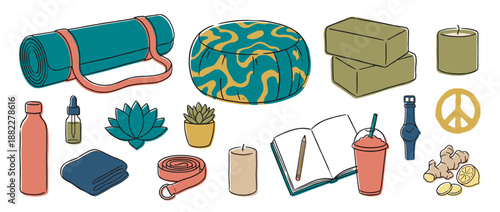 Collection of hand-drawn yoga and wellness items including a mat, cushion, candles, and essential oil for a self-care and mindfulness routine in a simple doodle illustration style