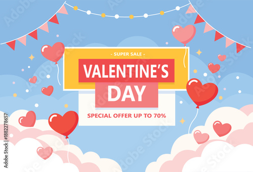 Valentines day banner with clouds and hearts. Sale poster Vector illustration in flat style. Can be used for wallpaper, flyers, invitation, posters, brochure, banners.