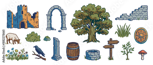 Collection of hand-drawn medieval fantasy illustrations featuring a ruined castle, ancient tree, stone arch, and various nature and architectural elements for world-building