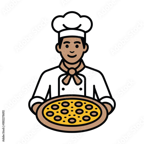 A cartoon chef holding a delicious pepperoni pizza in a white kitchen uniform and hat
