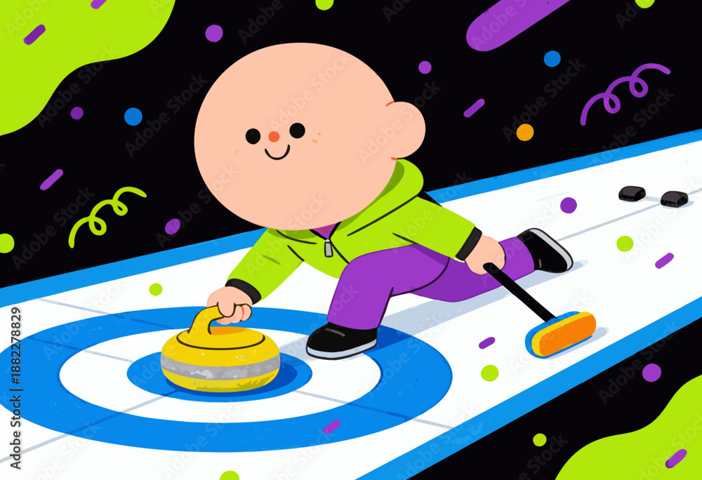 Naklejka premium cute cartoon figure playing curling on vibrant colorful ice rink with cheerful expression