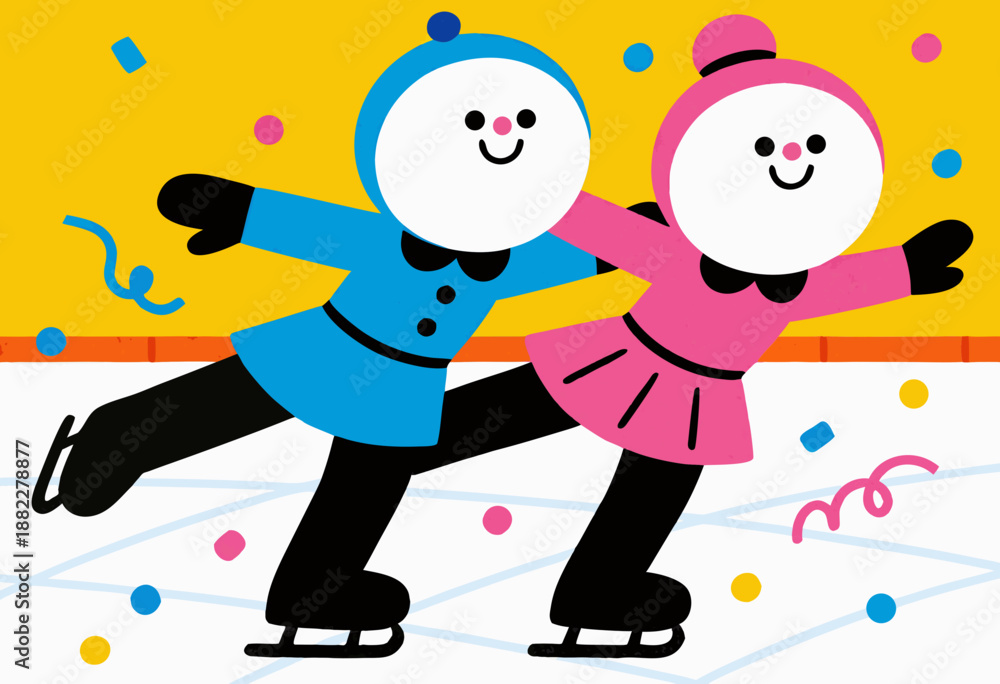 Naklejka premium playful cartoon ice skating couple in colorful winter attire having fun on a festive rink