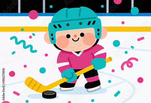 cute cartoon character playing hockey on ice rink surrounded by colorful confetti