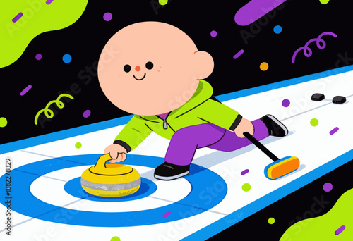 cute cartoon figure playing curling on vibrant colorful ice rink with cheerful expression