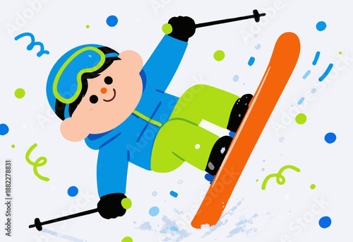 playful cartoon skier in colorful outfit enjoying a lively downhill slope with confetti design
