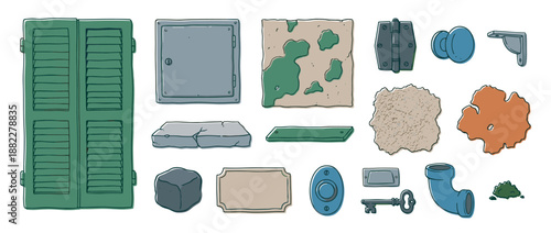 Collection of hand-drawn architectural elements including green shutters, stone blocks, a metal hatch, and various hardware like a key, hinge, and doorknob in a cartoon style