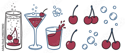 Hand-drawn cherry cocktail and fruit illustrations set with various glasses, fresh berries, fizzy bubbles, and liquid splashes in a simple doodle cartoon vector style