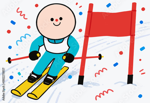 cartoon character skiing through slalom course on winter day with colorful design elements