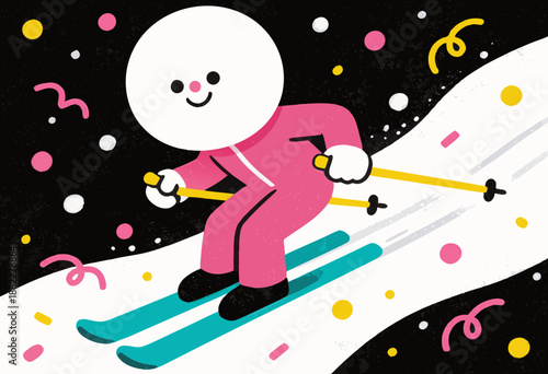 playful cartoon character skiing downhill on snowy mountain with confetti and vibrant colors