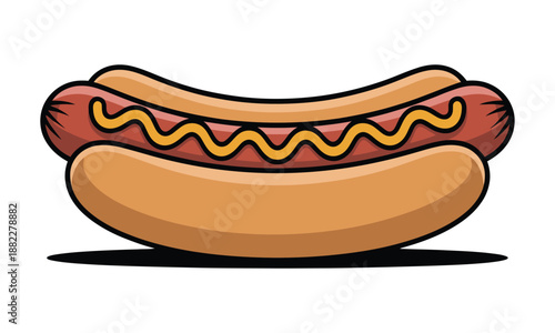 A cartoon hot dog with a bun and mustard on a white background