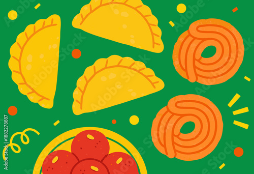colorful illustration of empanadas churros and tomatoes on a vibrant green background