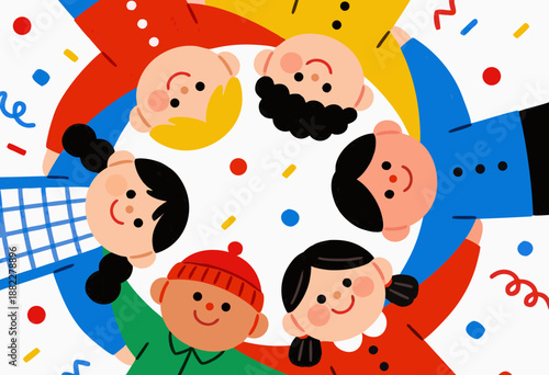 diverse group of children holding hands forming a circle, festive colorful background