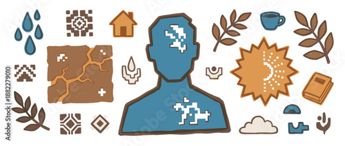 Collection of hand-drawn symbolic icons in a rustic folk art style, depicting a human silhouette with pixelated thoughts alongside elements of nature, home, and daily life