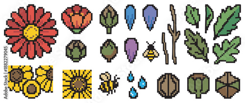 Set of pixel art icons featuring flowers, bees, artichokes, leaves, and other garden elements in a retro 8-bit video game style for creative digital projects
