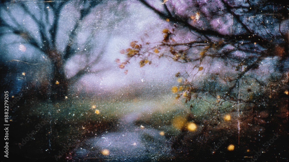 Fototapeta premium A forest scene emerges through thick autumn mist. The atmosphere conveys timeless mystery and emotional stillness.