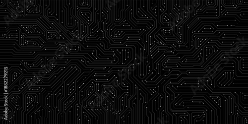 Minimalist AI circuit board with white digital grid and paths on clean black. This futuristic tech pattern represents smart fintech systems, quantum networks, and artificial intelligence architecture.