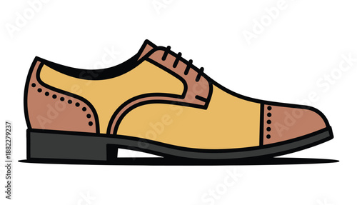 A stylish brown and yellow leather dress shoe with laces and decorative stitching on a white background