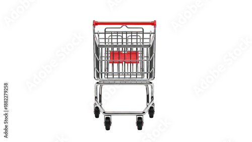 Straight-on shot of a shopping cart, red accents, metallic, on a black background