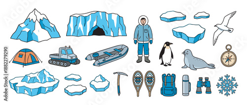 Collection of arctic and antarctic exploration illustrations featuring an explorer, penguin, seal, iceberg, snowcat, and expedition equipment in a simple, colorful doodle style