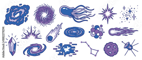Collection of hand-drawn space icons in blue and purple, featuring galaxies, stars, comets, and a satellite in a fun doodle style for cosmic and science fiction themes