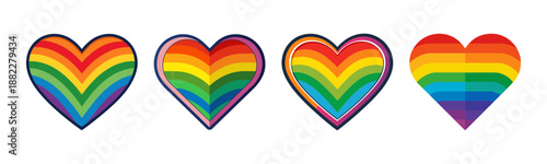 Colorful striped rainbow hearts illustrating love, pride, diversity, and unity