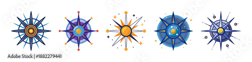 Set of diverse vector compass rose designs for navigation and guidance