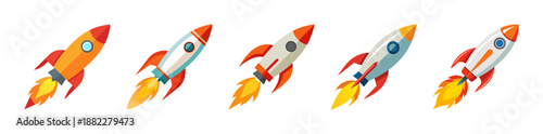 Colorful cartoon rockets launching upwards with fiery exhaust trails