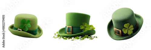 Set of Festive green felt leprechaun hat with black band and gold buckle on transparent png background. Ai generated