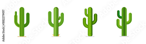 Four cartoon cactus plants in various flat design styles, desert flora