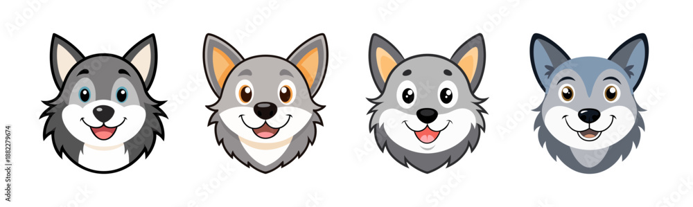 Obraz premium Set of cute cartoon wolf heads smiling. adorable vector animal faces.