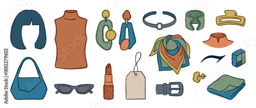 Collection of hand-drawn women's fashion accessories and clothing items including a handbag, lipstick, sunglasses, and jewelry in a modern minimalist illustrative style