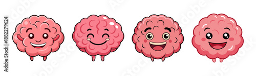 Cartoon brains showing various happy emotions, intelligence concept