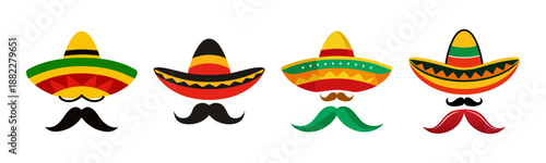 Vibrant mexican sombreros with diverse mustache styles set on white