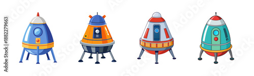 Collection of four colorful cartoon space capsules ready for cosmos